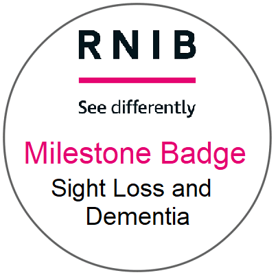 RNIB logo and the words sight loss and dementia milestone badge